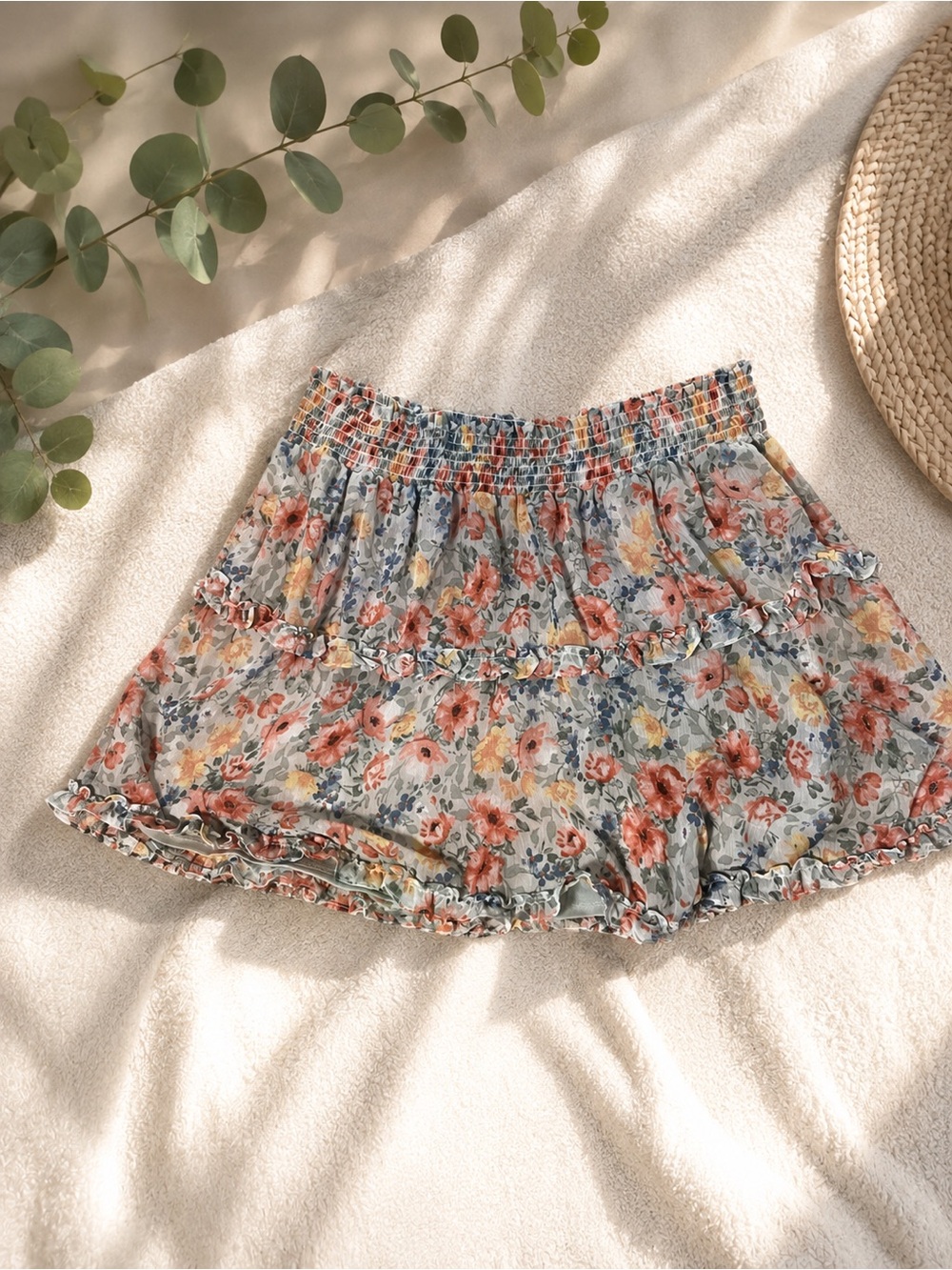 by & by Dusty Blue Floral Ruffle Tiered Women's Skorts